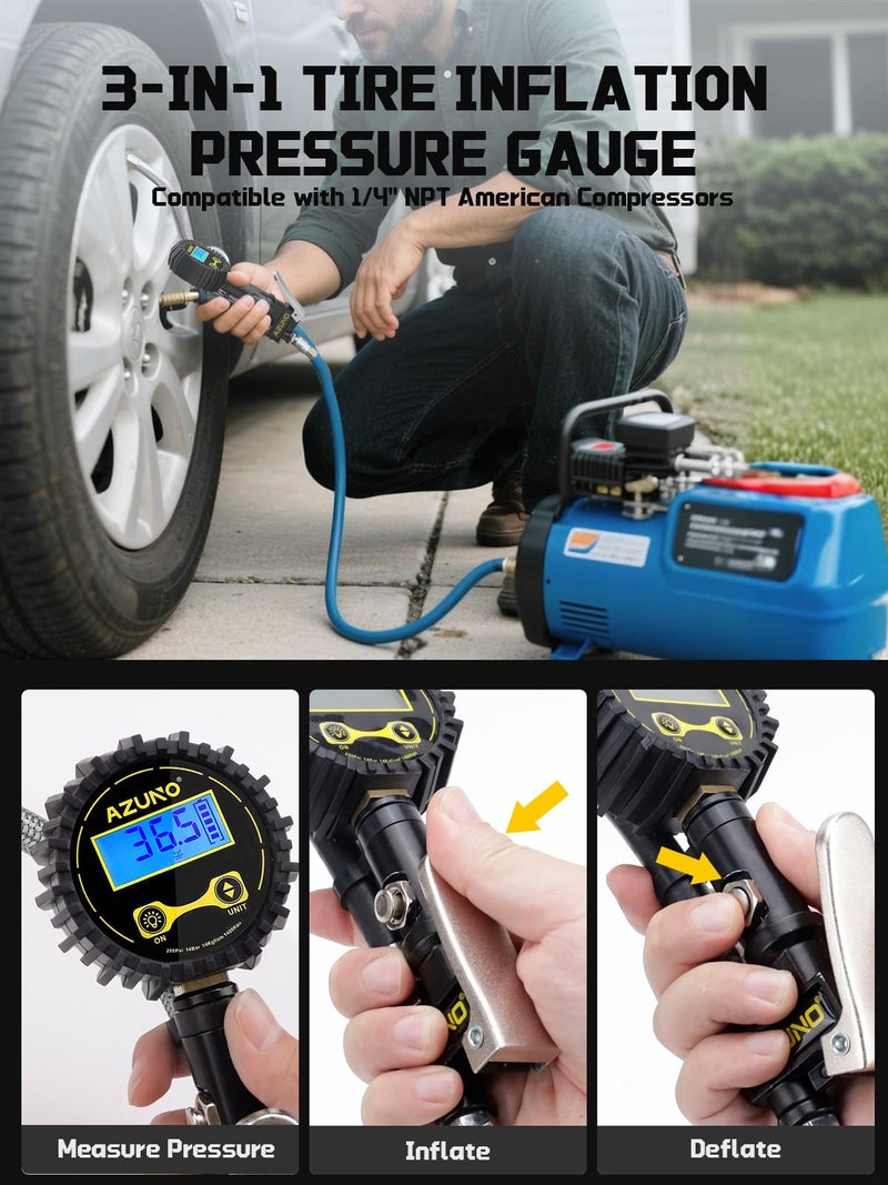 AZUNO Digital Tire Inflator with Pressure Gauge, 200 PSI (0.1 Res) w/LED Flashlight, Heavy Duty Air Compressor Accessories 7pcs Set, w/Lock on Air Dual Head Chuck and 90Â° Tire Valve - Image 3